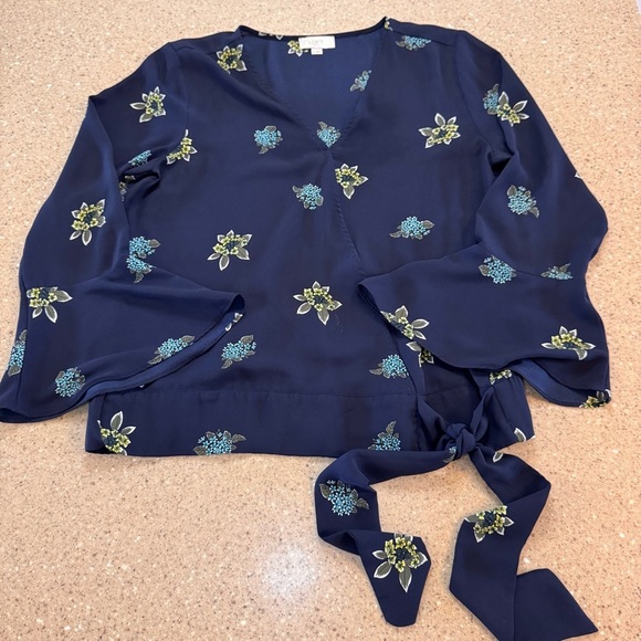 LOFT Womens Faux Wrap Front Bell Sleeve Blouse Size Med Blue With Flowers - Picture 1 of 8